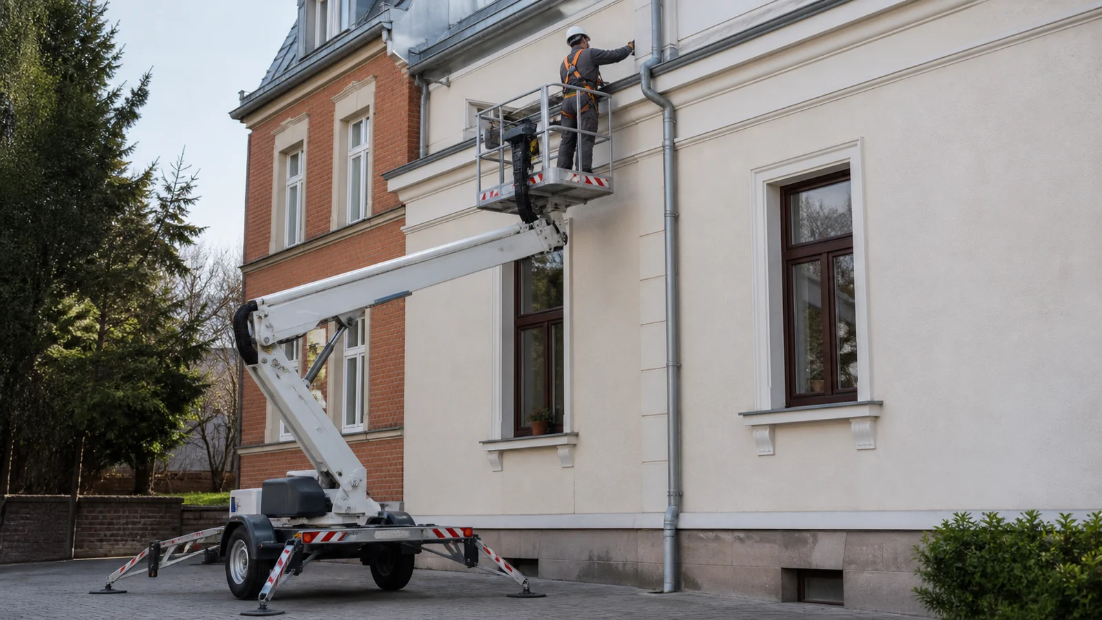 Podnośnik koszowy przy elewacji budynku podczas pracy w Małopolsce